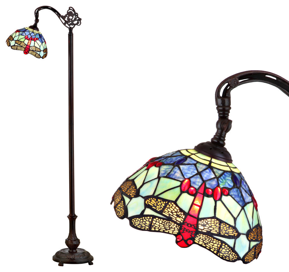 Dragonfly Tiffany-Style 60" Arched Floor Lamp, Bronze