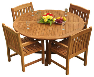 5-Piece Outdoor Patio Teak Dining Set, 60" Round Table, 4 Devon Arm Chairs