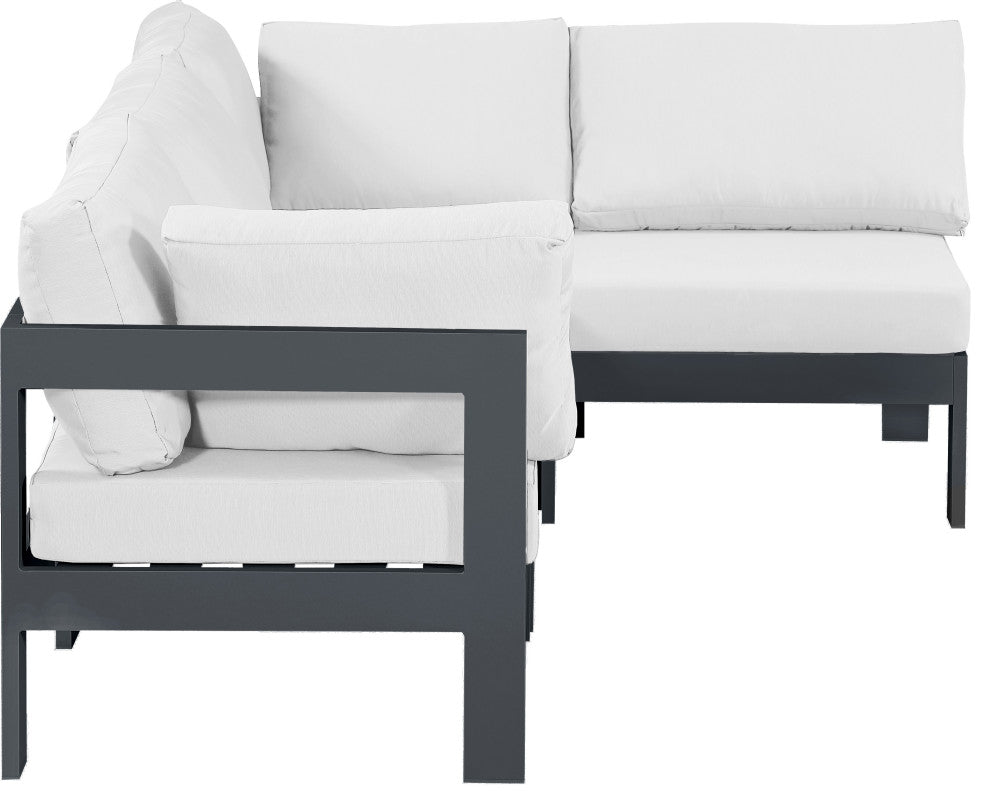 Nizuc Water Resistant Patio L-Shaped Modular Sectional, White, 4-Piece: 2 Armless Chair, 2 Corner Chair, Dark Gray Aluminum Frame