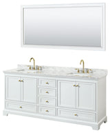 80"DBL Bath Vanity White, Carrara Countertop, Sinks, Gold Trim, 70" Mirror