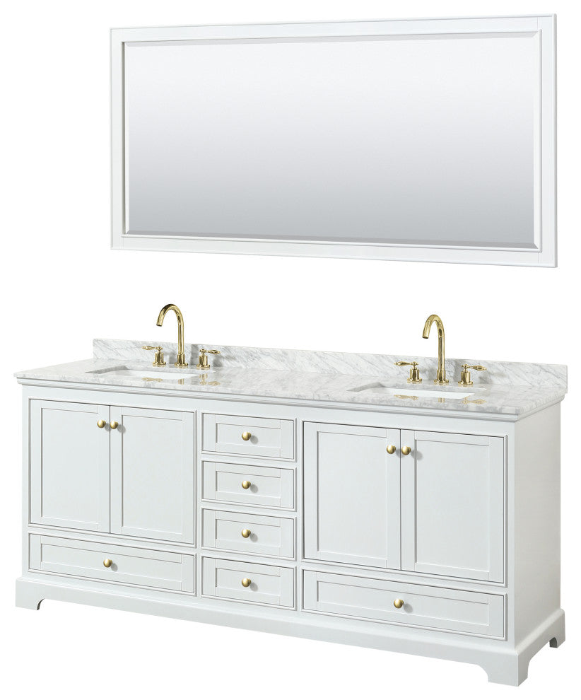 80"DBL Bath Vanity White, Carrara Countertop, Sinks, Gold Trim, 70" Mirror