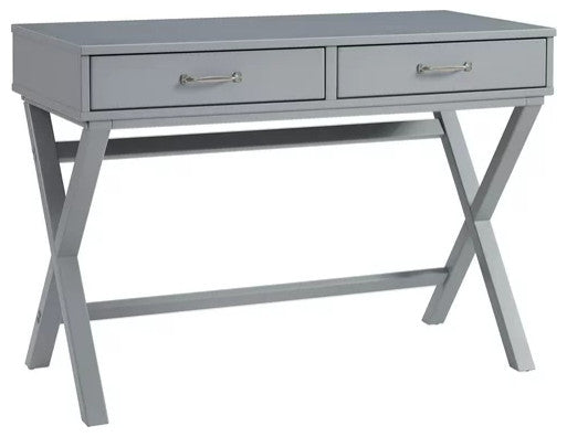 Contemporary Desk, Pine Wood Frame With X-Shaped Sides & 2 Drawers, Gray Finish