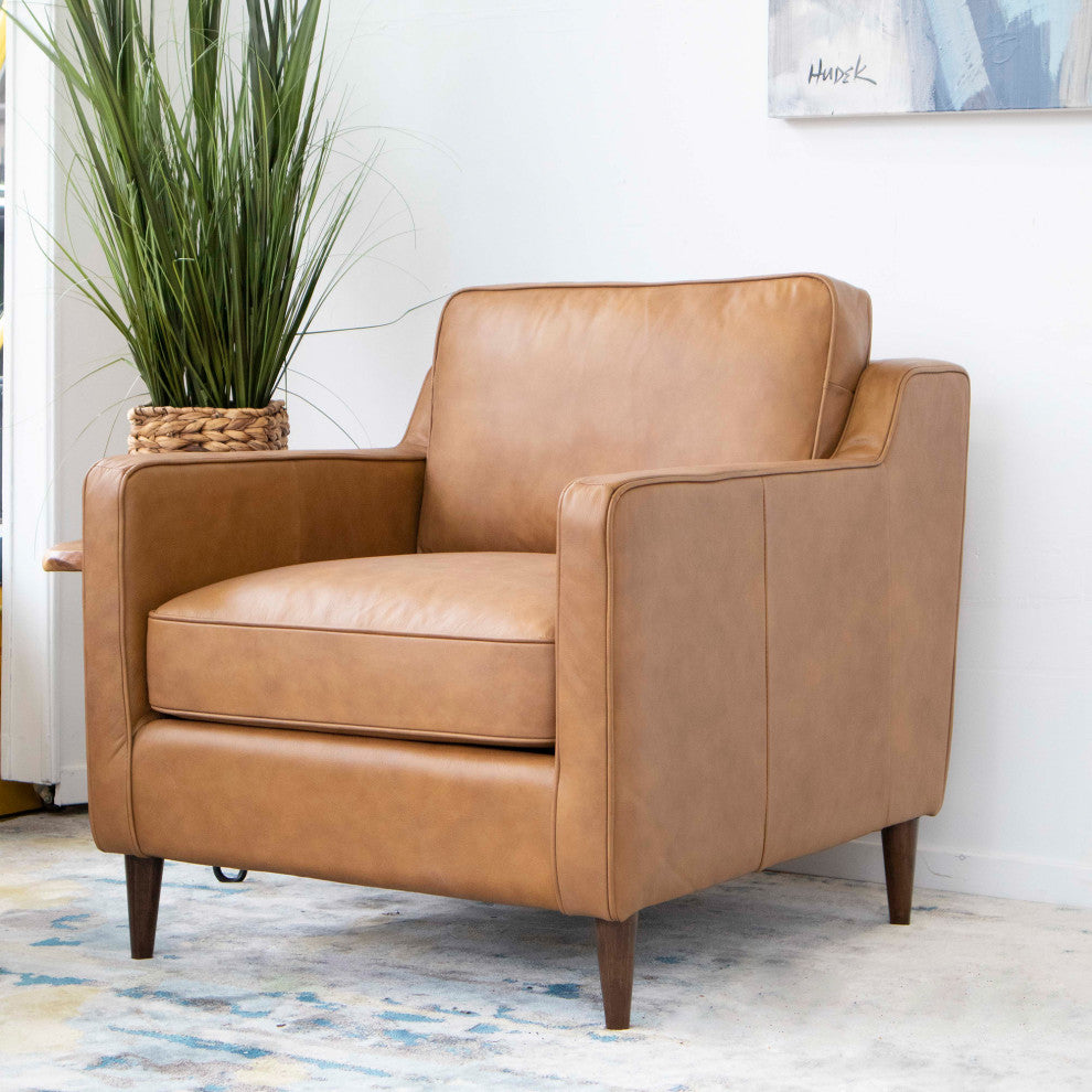 Manhattan Mid-Century Modern Cushion Back Genuine Leather Armchair, Tan