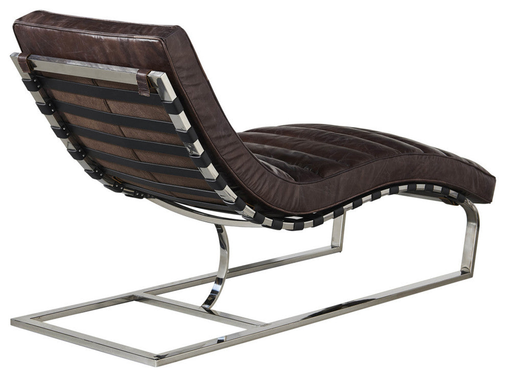 Plano Modern Channeled Leather Chaise Lounge Dark Brown Leather