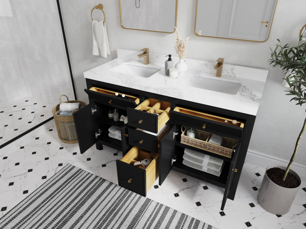 Sonoma 60 Double Sink Reeded Bathroom Vanity in Black 2" Calacatta Laza