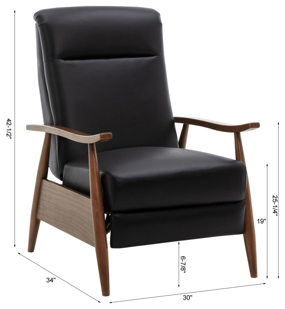 Fairview Leather Wood Arm Push Back Recliner, Black
