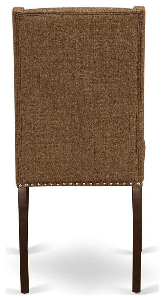 Set of 2 Parson Dining Chairs, Nailhead Trim, Linen Fabric Upholstered, Brown Beige