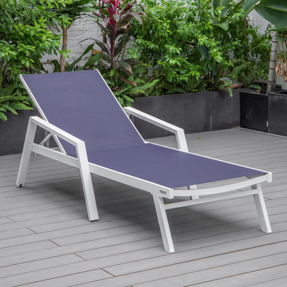 LeisureMod Marlin Chaise Lounge Set With Arms and Fire Pit Table, Navy Blue