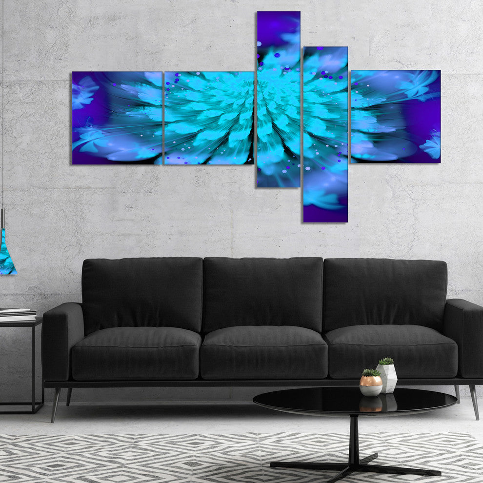Fractal Blue Spread out Flower, Floral Art Canvas Print, 60"x32", 5 panels