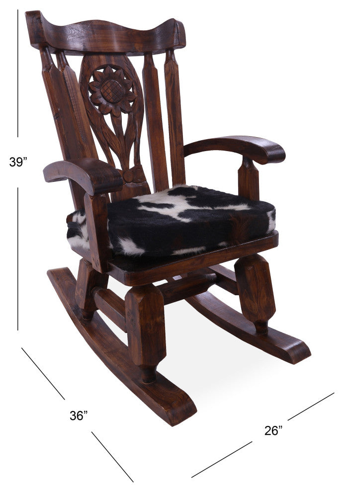 Wooden Rocking Chair Handcarved Back Removable Hair-On Cowhide Pillow RC132-CP