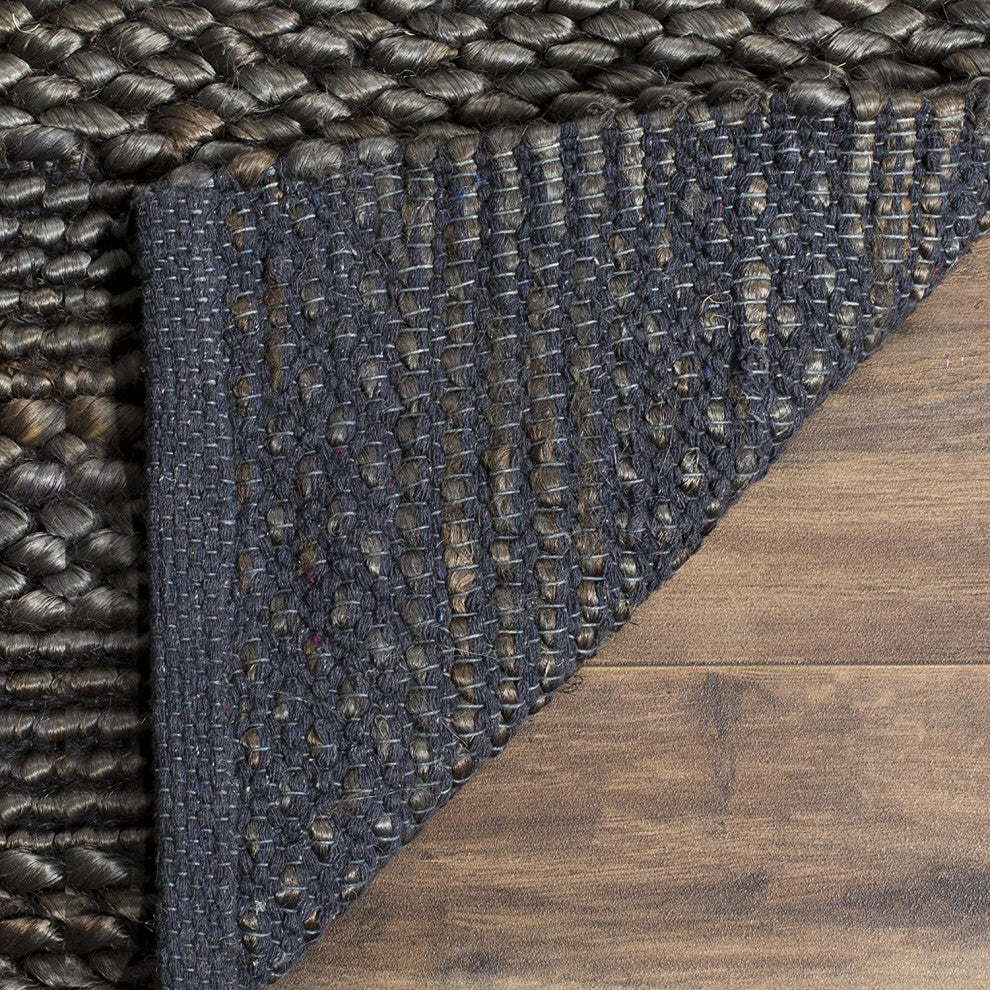 Traditional 8x10 Hand-Woven Area Rug with Geometric Pattern, Natural Jute Fiber, Charcoal