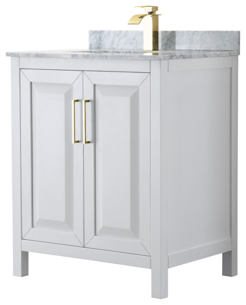 30" Single Bath Vanity, White, White Carrara Countertop, Sink, Gold Trim