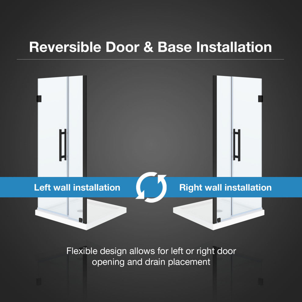 Panama Alcove Frameless Pivot Hinge Shower Door Kit With Base Pan, 2025, Black, 36x36"