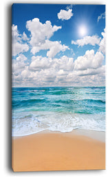 "Peaceful Seashore Under White Clouds" Modern Beach Canvas Art Print, 16"x32"