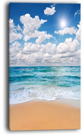 "Peaceful Seashore Under White Clouds" Modern Beach Canvas Art Print, 16"x32"
