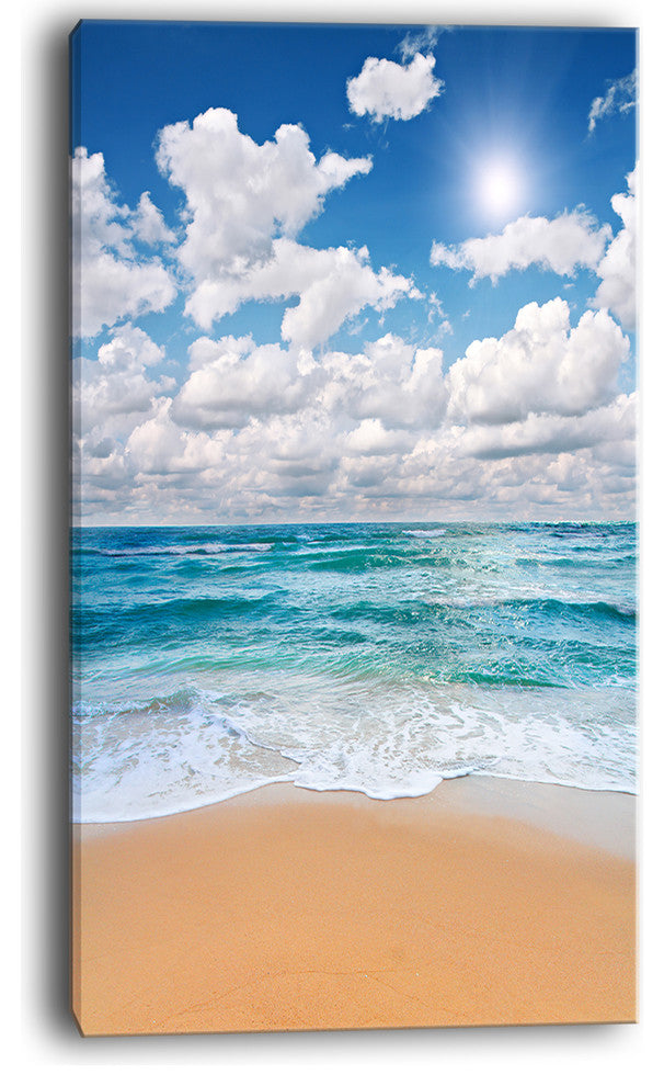 "Peaceful Seashore Under White Clouds" Modern Beach Canvas Art Print, 16"x32"