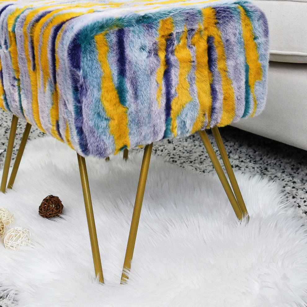Multi Jacquard Faux Fur Ottoman, Teal, 19"x13"x7"