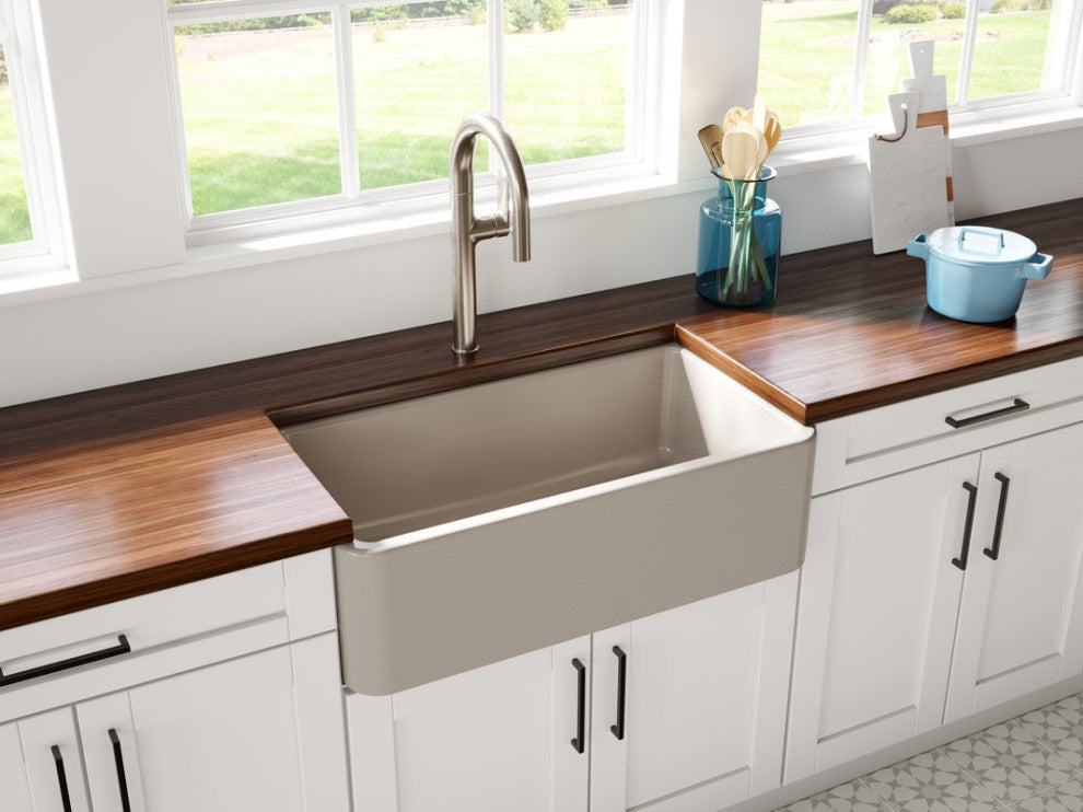 LaToscana Reversible, Fluted/Smooth Fireclay Sink, Silver Flax, 33"