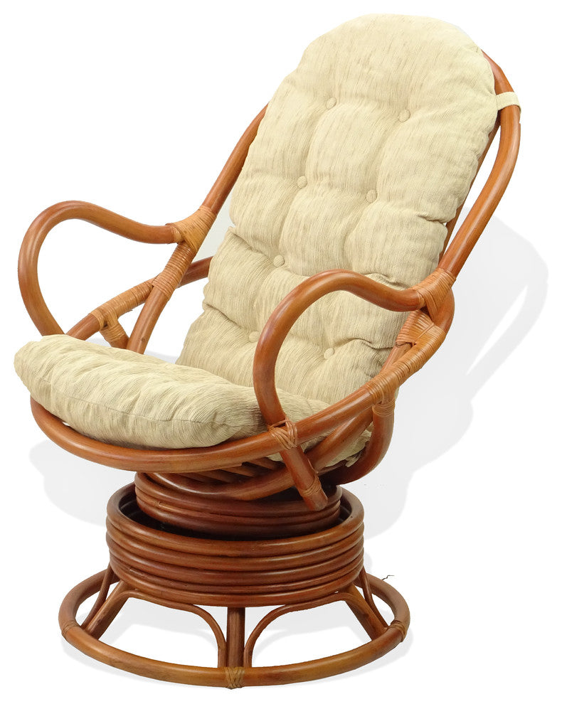 Java Lounge Swivel Rocking Rattan Wicker Chair Colonial, Cream Cushion