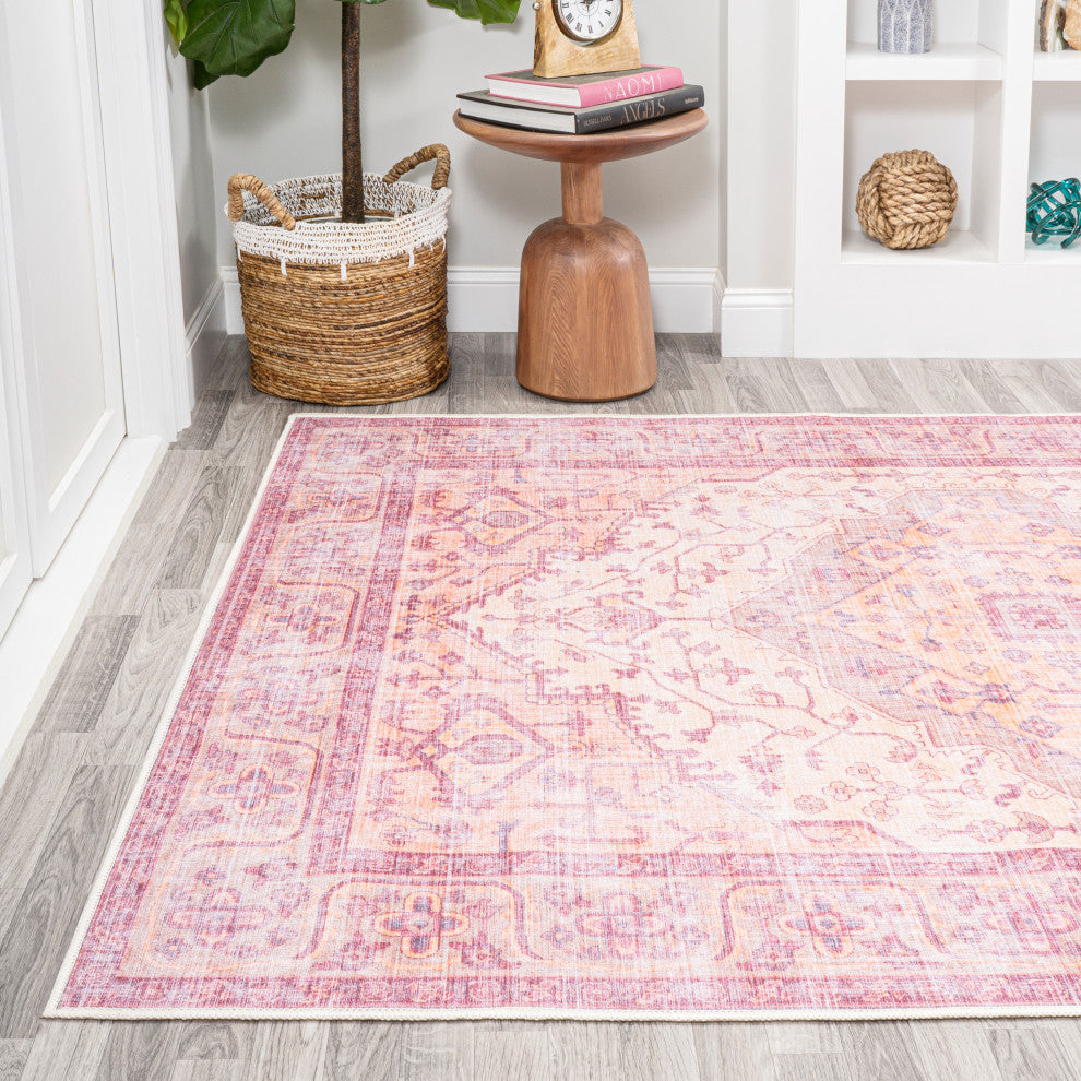 Alacati Ogee Medallion Machine Washable Indoor Area Rug, Red/Orange/Cream, 5 X 8