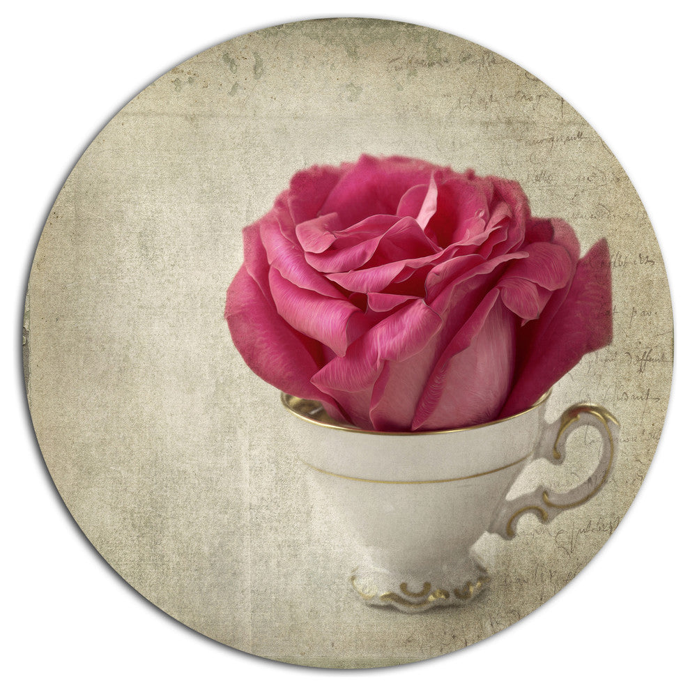 Red Rose In Cup Photography, Floral Large Disc Metal Wall Art, 36"