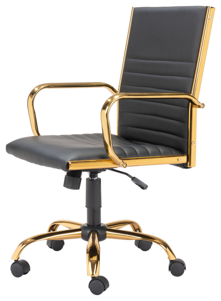 Computer Chair, Faux Vinyl Leather, Steel, Black, Gold, Home Business Office