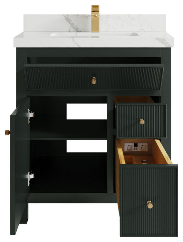 Sonoma 30 Single Sink Reeded Bath Vanity in Dark Forest Green 2" Calacatta Laza