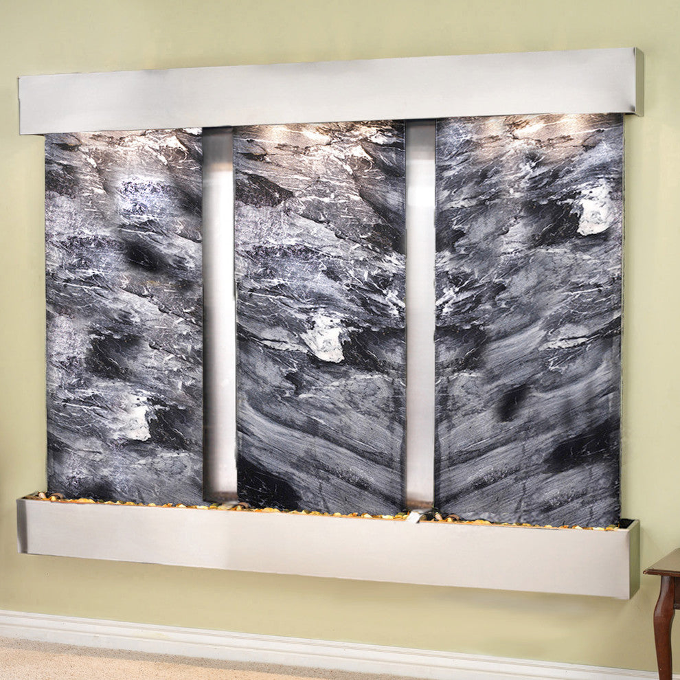 Deep Creek Falls Fountain, Black Marble, Stainless Steel, Square