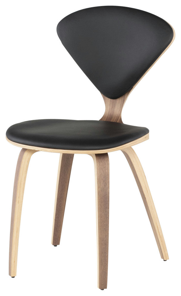 Satine Dining Chair, Molded Plywood Side Chair, Walnut Frame, Black Leather