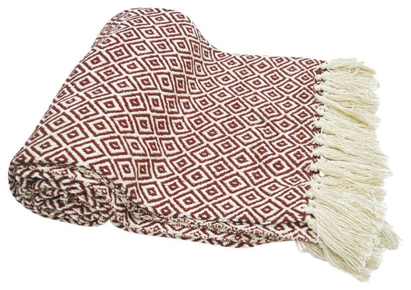 Diamond Pattern Cotton Throw With Fringed Ends, Rust-Ivory