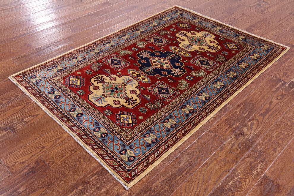 4' 2" X 5' 11" Super Kazak Hand Knotted Geometric Rug Q10624