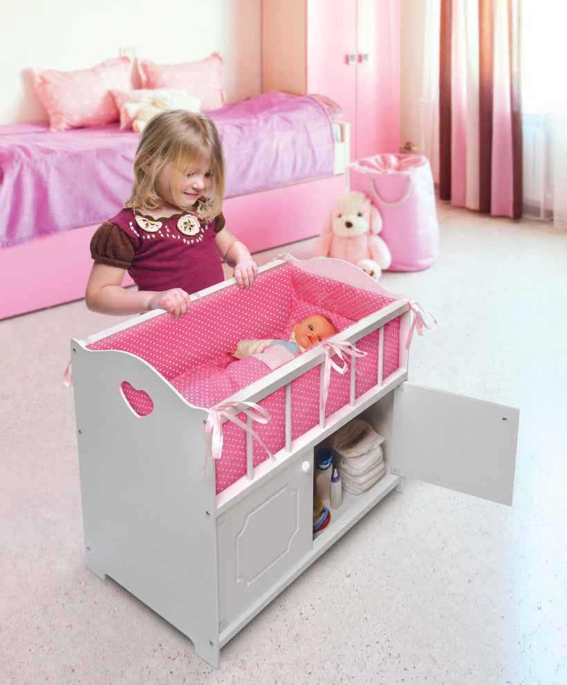 White Storage Doll Crib With Bedding