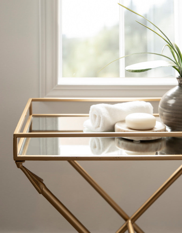 Madeira Arrow Mirrored Tray Top Table, Satin Gold 21x14x26