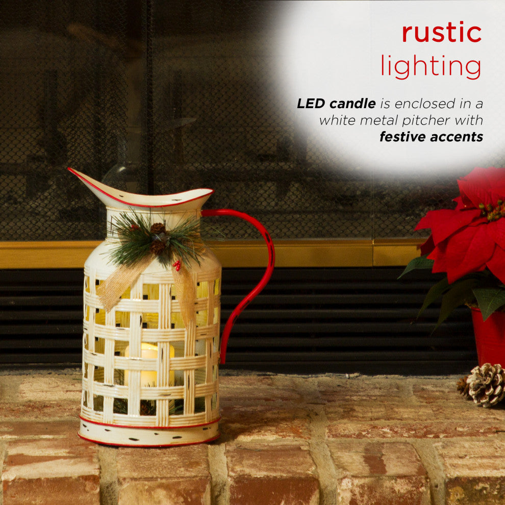 White Metal Pitcher with Candle DÃ©cor and LED Light