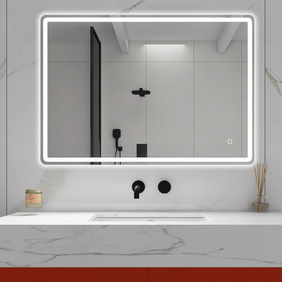 Rectangular Frameless Wall-Mount Anti-Fog LED Light Bathroom Vanity Mirror, 28x4
