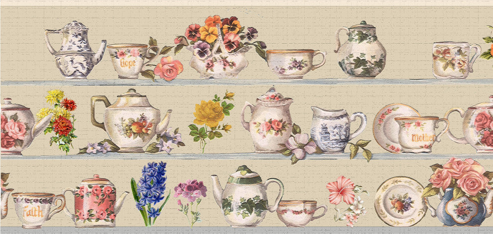 Flowers, Teapots Peel and Stick Wallpaper Border 15'x7"