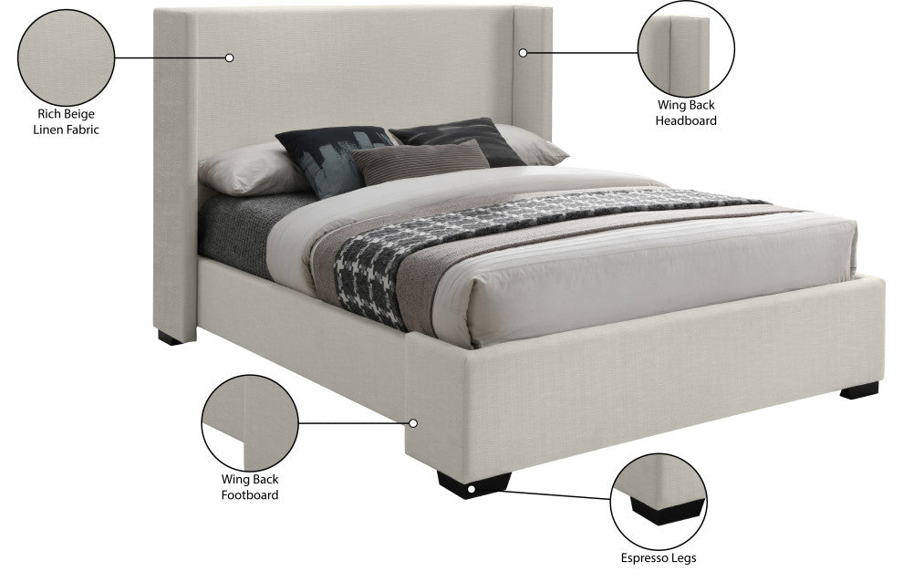 Oxford Linen Textured Fabric Upholstered Bed, Beige, Queen