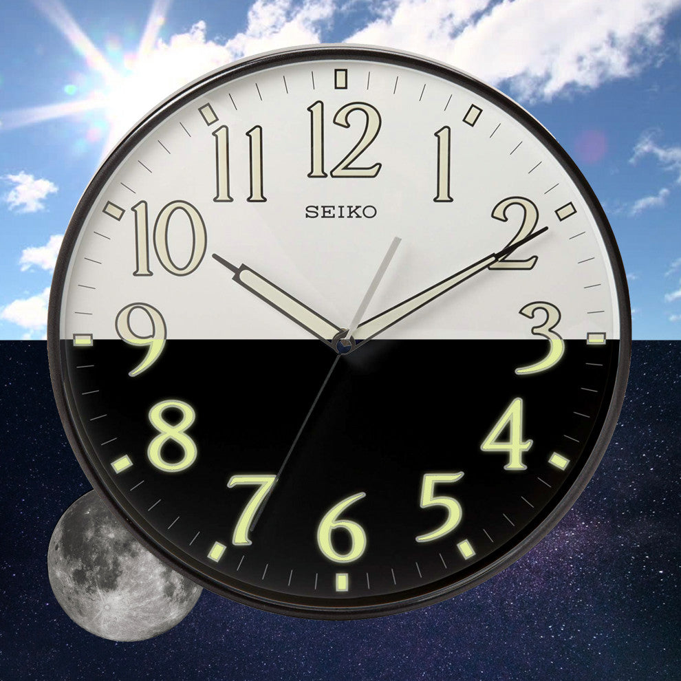 Seiko Clocks, 12" Black Framed Luminous Numbered Wall Clock