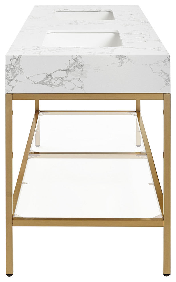 Marmo Bathroom Vanity, White, 60" Wide, Brushed Brass Finish