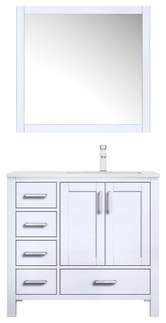 Jacques 36" White Single Sink Vanity with Quartz Top - Right Version, With Mirro