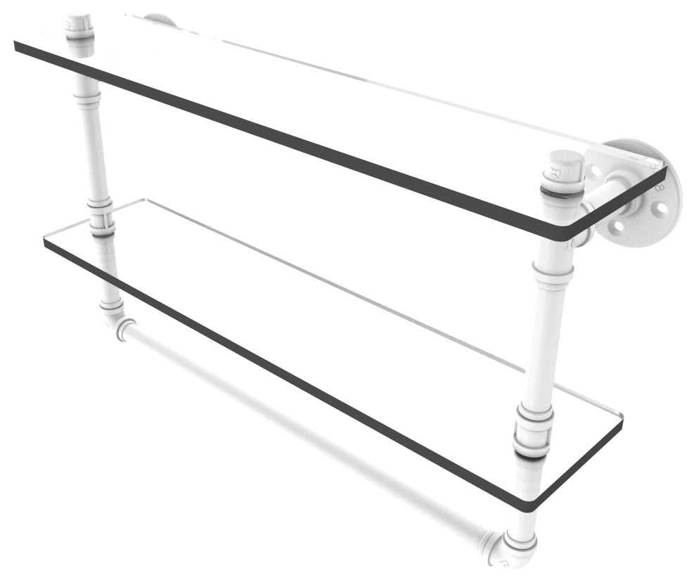 Pipeline Doulbe Glass Shelf with Towel Bar, Matte White, 22"