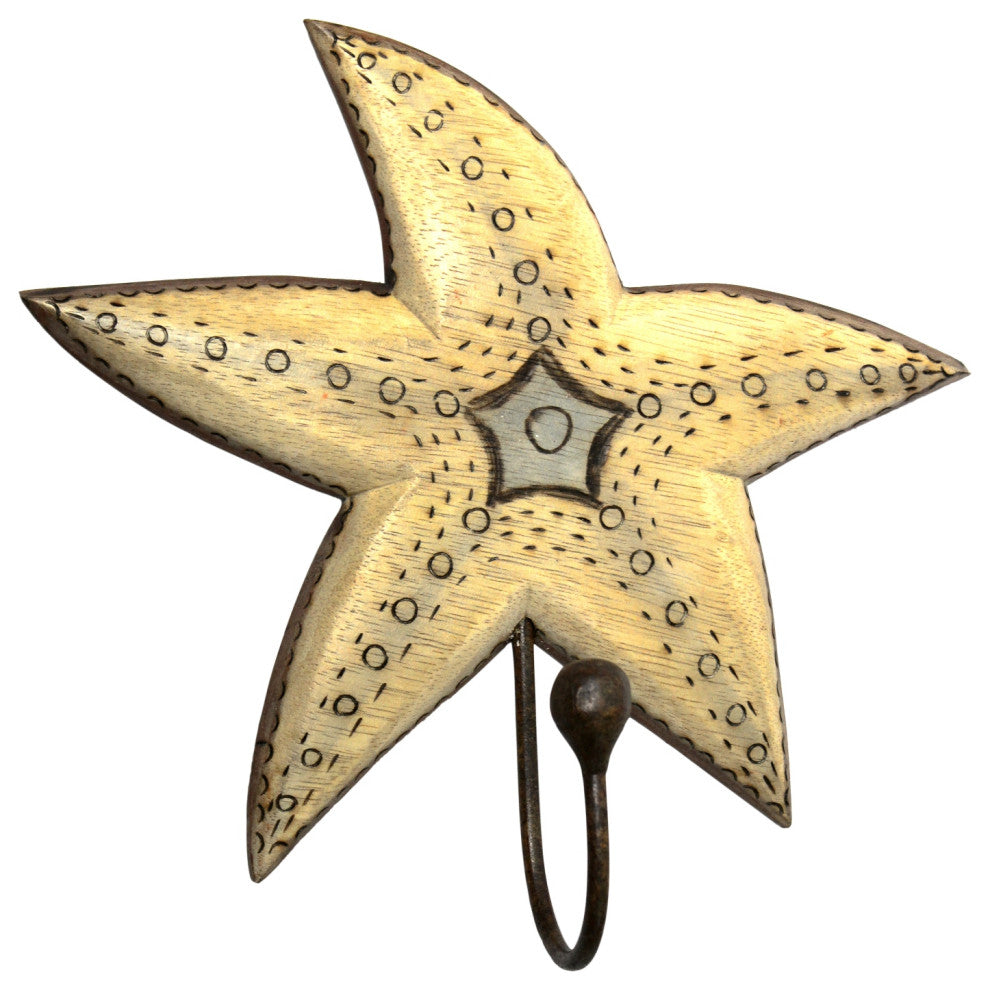 Hand Carved Starfish Single Hook Hanger Wood Burned Design Wall Decor