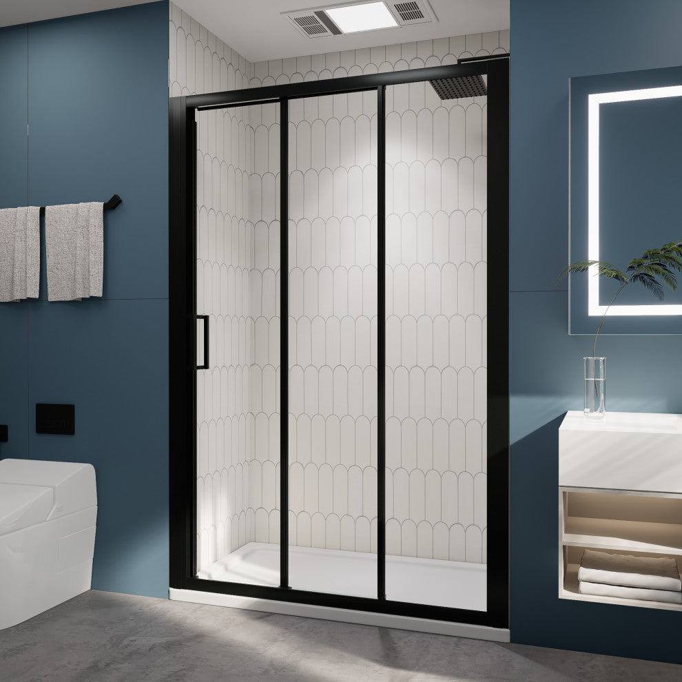 3-Panel Sliding Semi-Frameless Shower Door in Matte Black Finish, 54"x70"