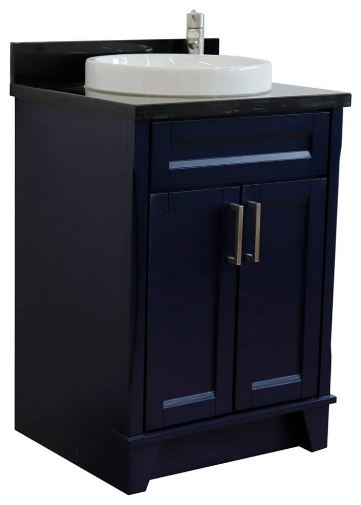 25" Single Sink Vanity, Blue Finish With Black Galaxy Granite And Round Sink