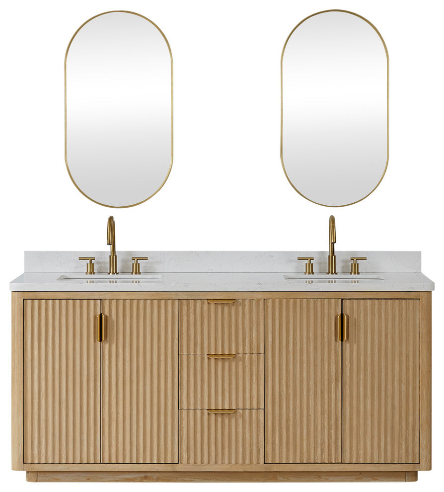 Vinnova Cadiz Bath Vanity, Composite Stone Top, Washed Ash Grey, 72", With Mirror