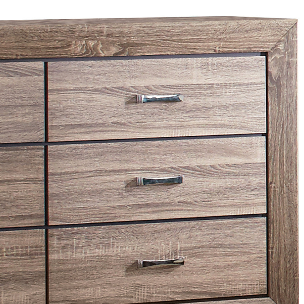 Transitional Style Wooden Dresser with Six Drawers and Metal Handles, Brown