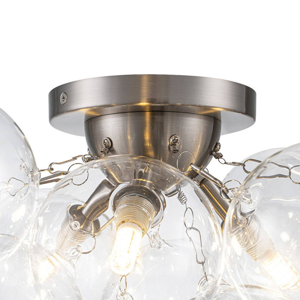 Modern 3-Light Sputnik Design Clear Glass Bubble Semi Flush Mount, Nickel