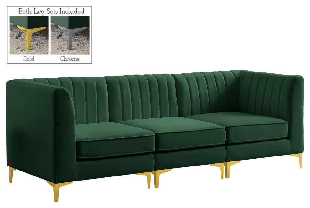 Alina Velvet Upholstered 3-Piece Modular Sectional, Green