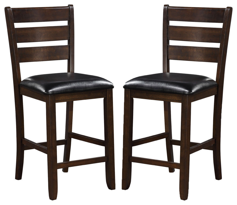 Set of 2 Black PU Counter Height Chair, Espresso Finish