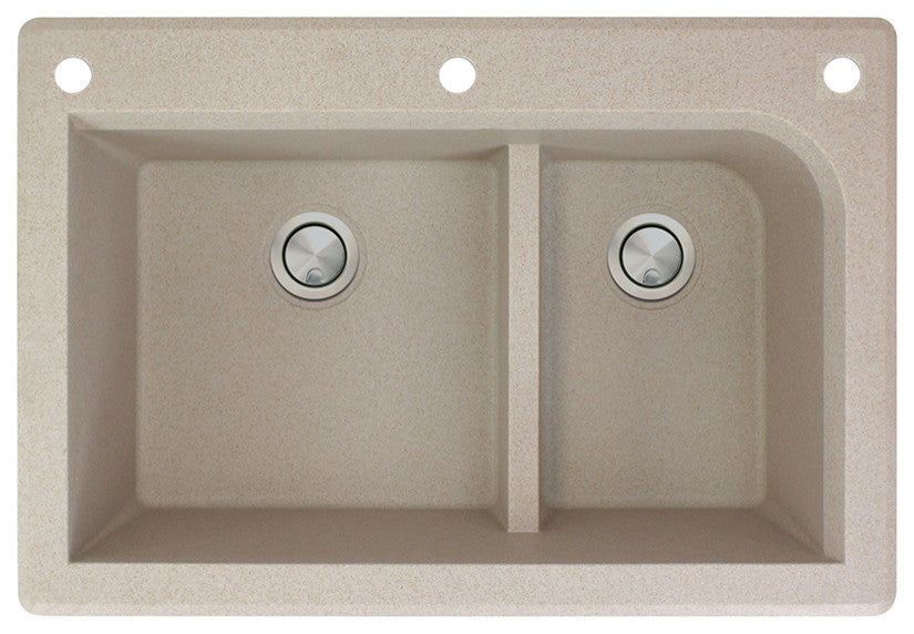 Radius 33" silQ Granite Double Bowl Kitchen Sink with 3 Holes in Cafe Latte